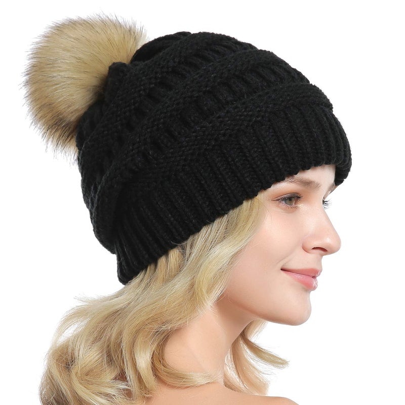 QUEENFUR Women Knit Slouchy Beanie Chunky Baggy Hat with Faux Fur Pompom Winter Soft Warm Ski Cap - Image 4